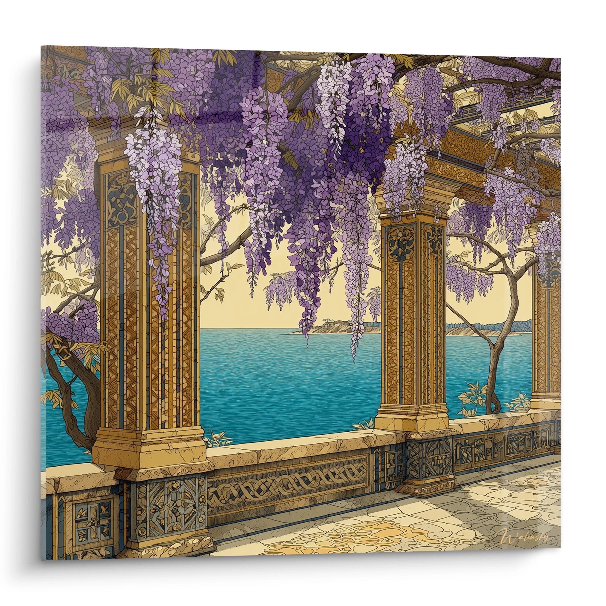 Tableau pergola mediterraneenne avec glycines violettes et vue mer turquoise Cote d Azur decoration murale