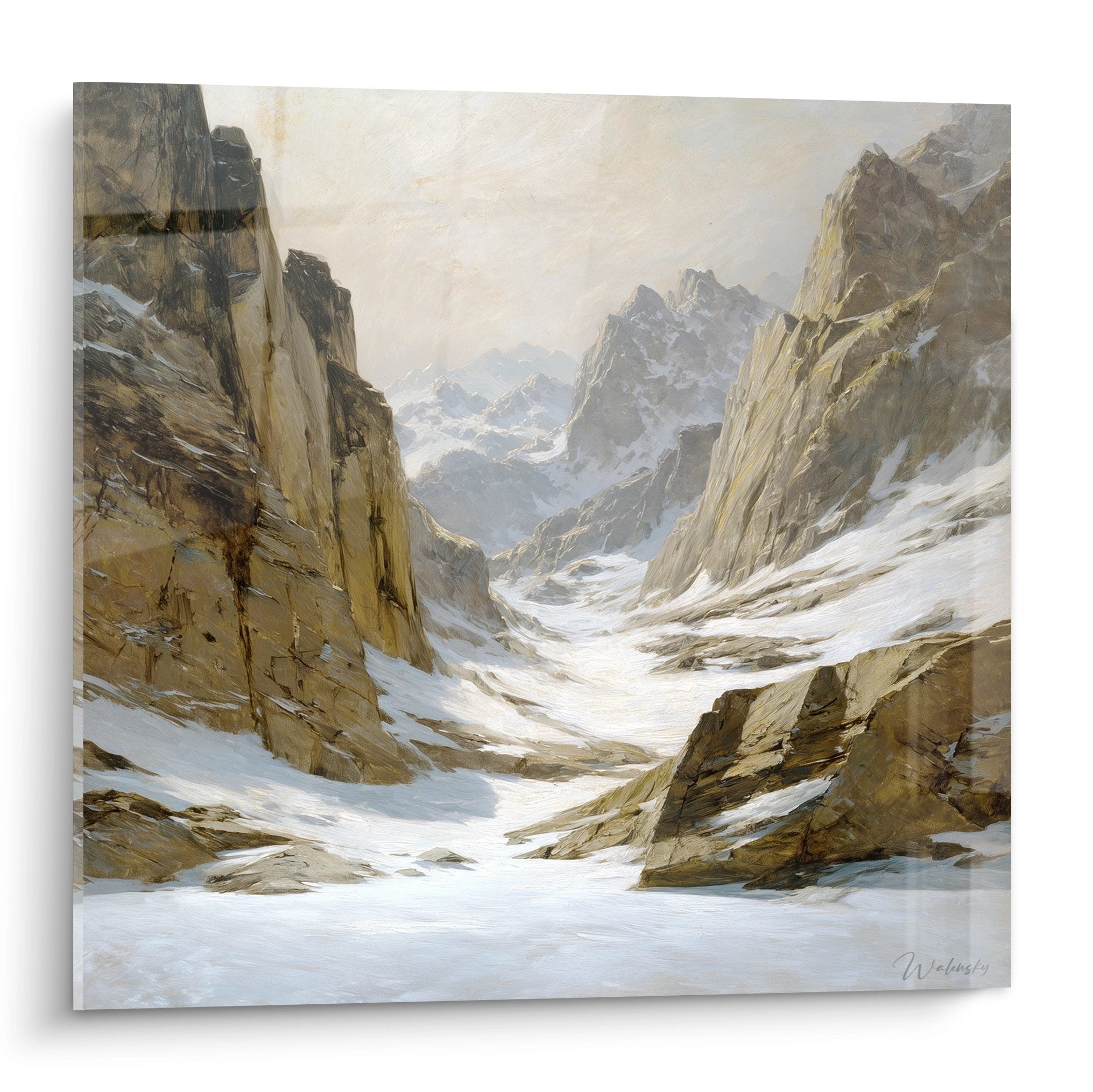 Tableau paysage vallée enneigée entourée falaises rocheuses tons beiges, art montagne Pyrénées décoration murale