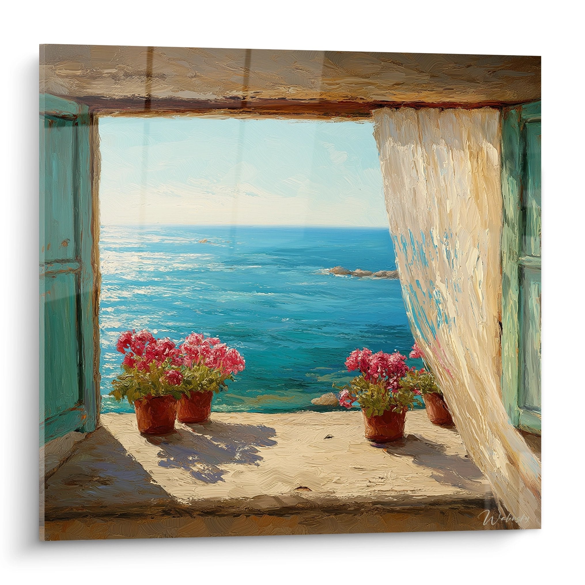 Tableau fenêtre méditerranéenne avec géraniums roses, vue sur mer turquoise et volets bleus, style Côte d'Azur