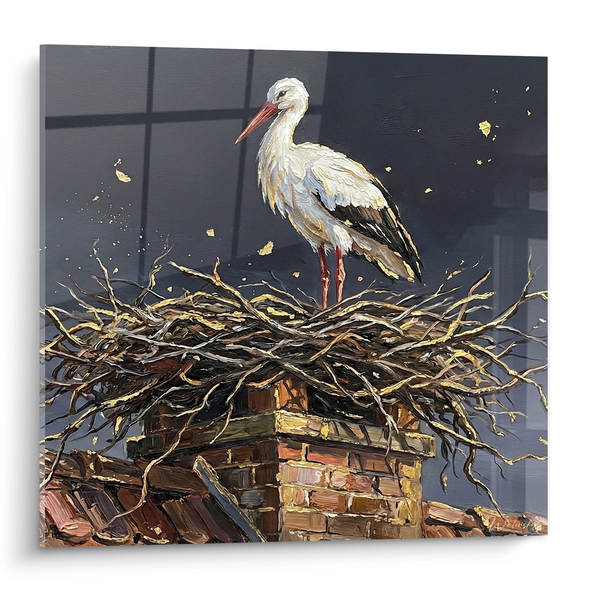 Tableau peinture cigogne blanche sur nid cheminee alsacienne art mural decoration