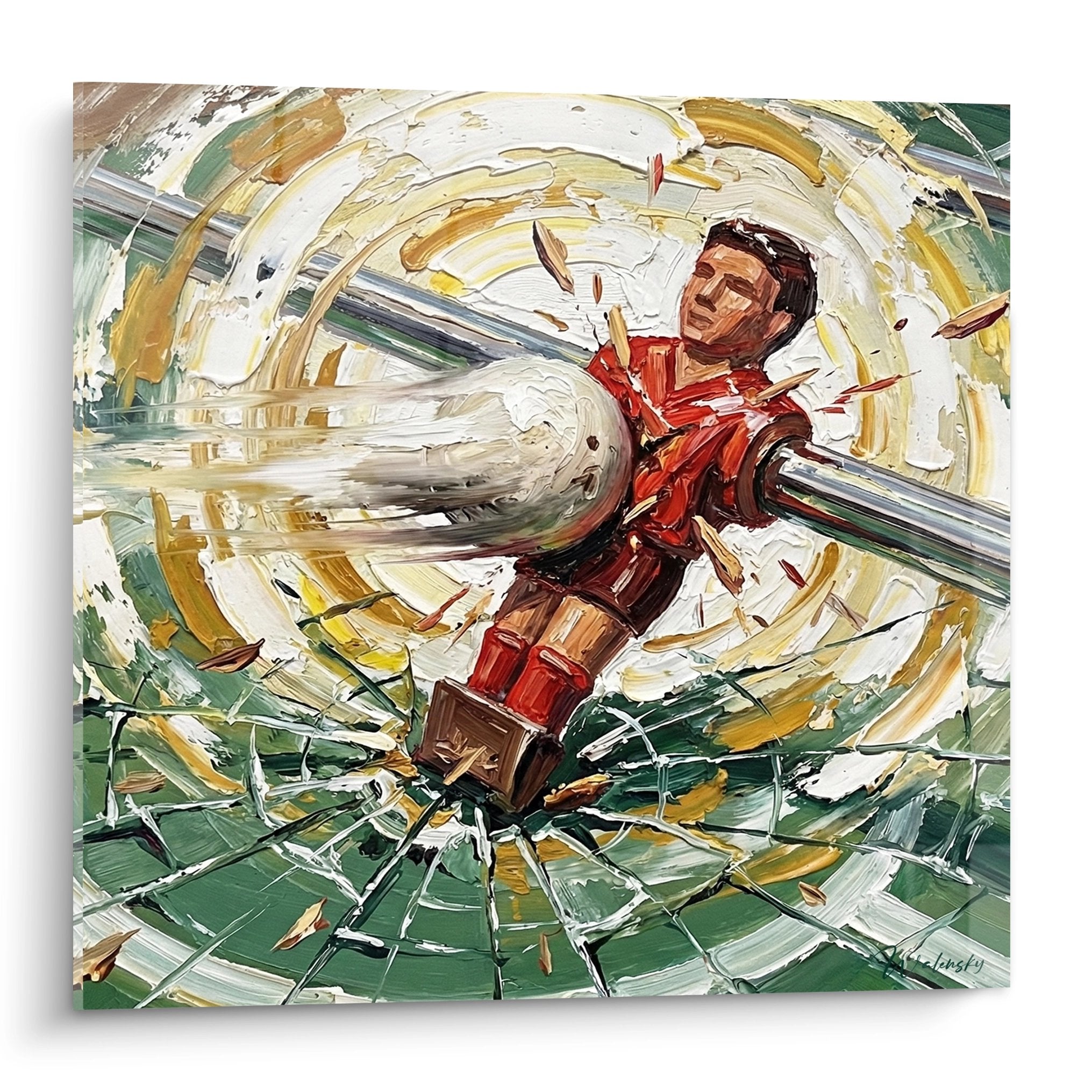 Tableau moderne joueur babyfoot rouge action mouvement circulaire peinture huile decoration murale sport