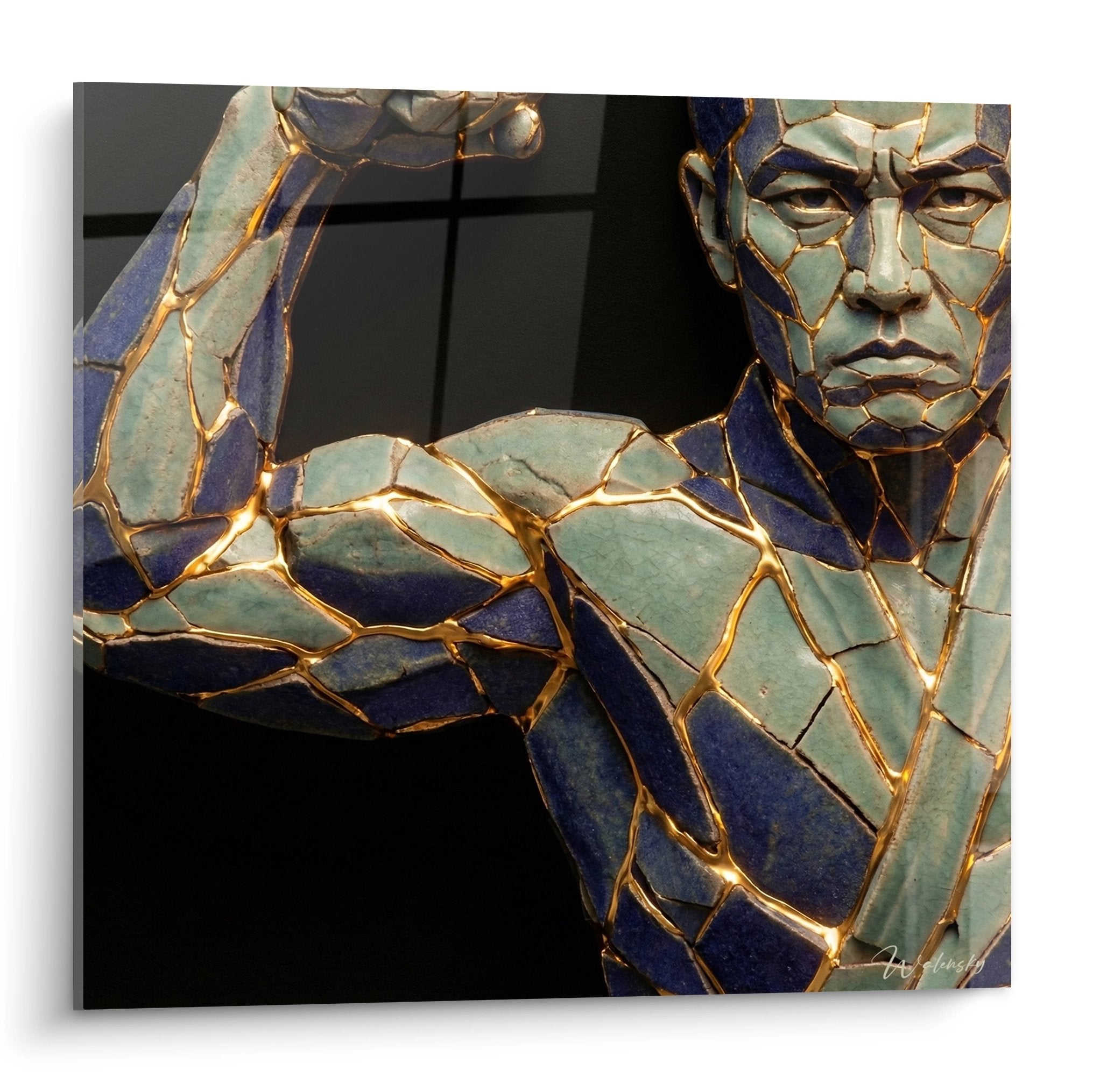 Tableau décoratif représentant un guerrier en mosaïque avec des veines dorées lumineuses style kintsugi moderne