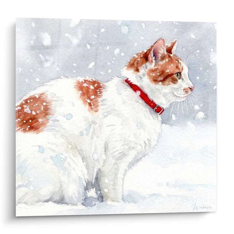 Tableau Chat Japanese Bobtail dans la Neige - Aquarelle Hivernale - Edition chat Japanese Bobtail
