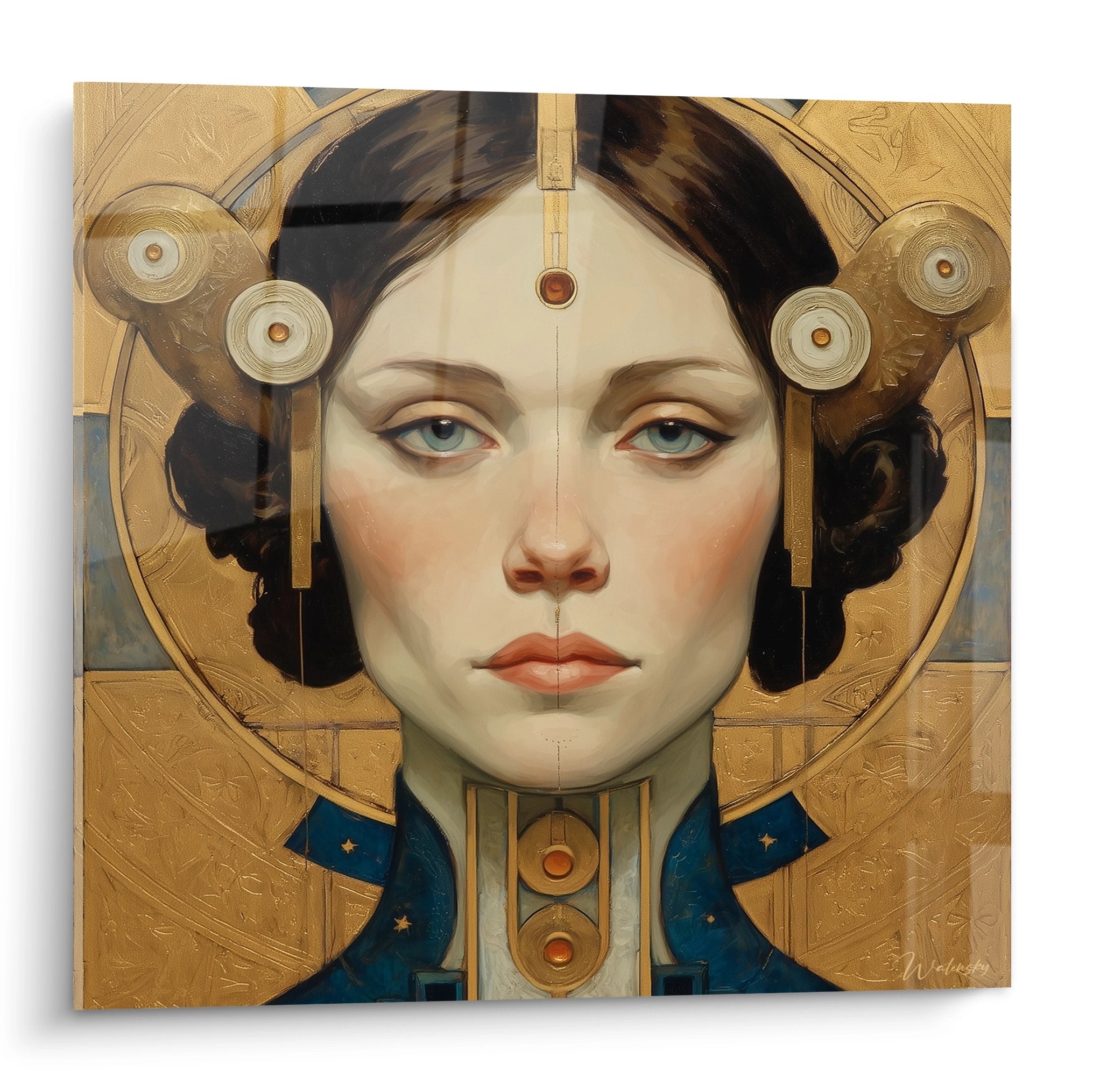 Porträt-Gemälde Frau Art-Deco-Stil Vintage mit goldenen Verzierungen und geometrischen Mustern auf beigem Hintergrund