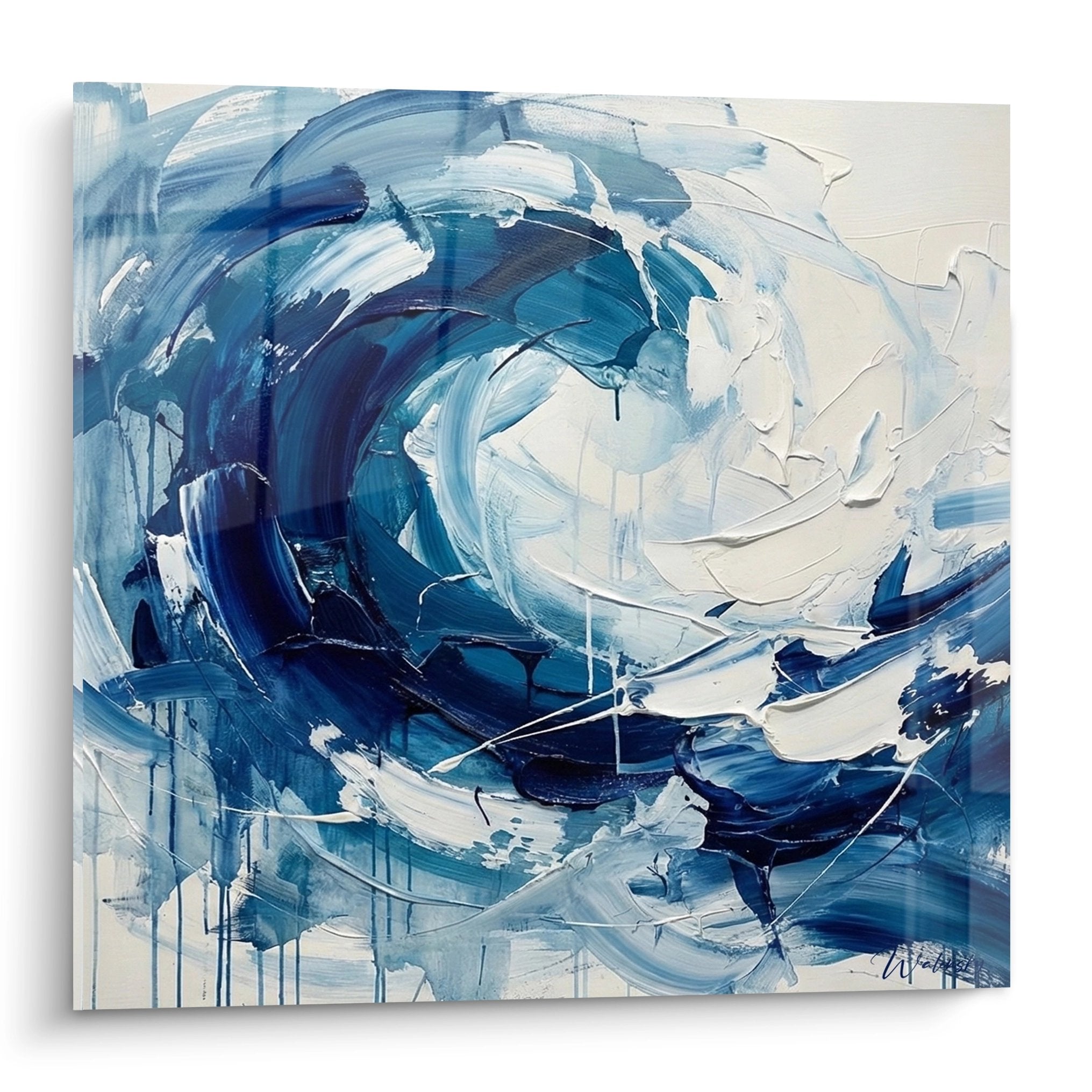 Tableau abstrait de vague océanique aux tons bleus et blancs, peinture surf moderne pour décoration murale