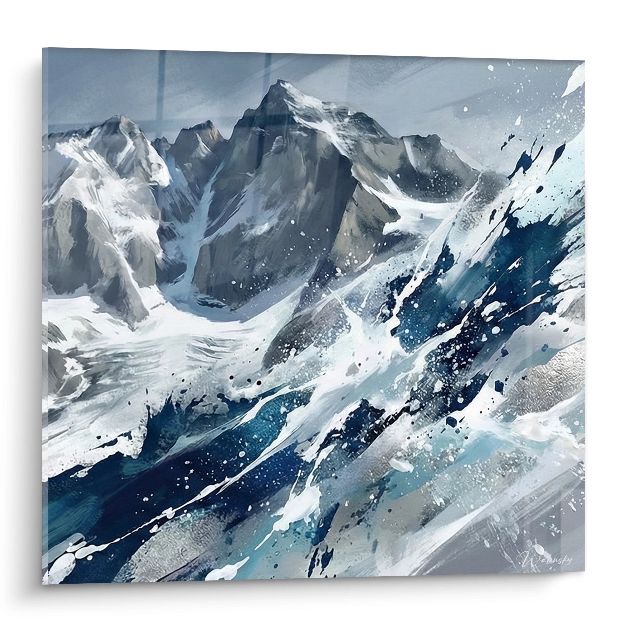Tableau mural montagne enneigée tons bleus et blancs, peinture abstraite tempête de neige style contemporain