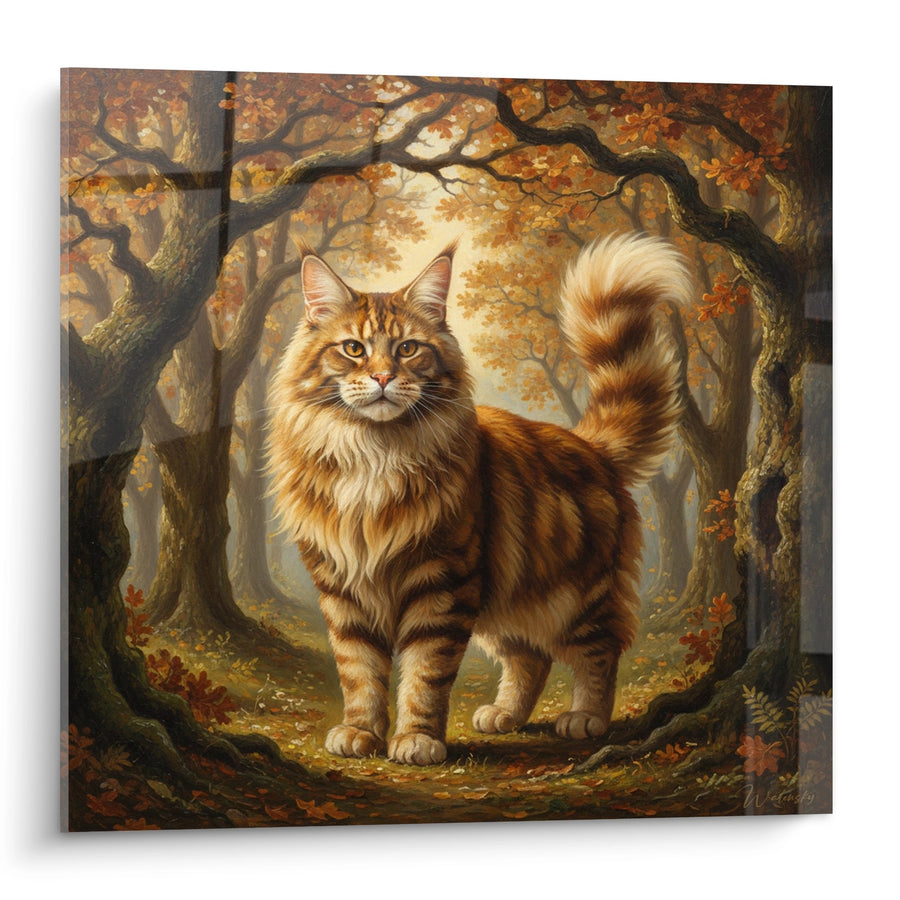 Tableau Maine Coon automne forêt - Chat majestueux sous les arbres dorés - Edition chat Maine Coon