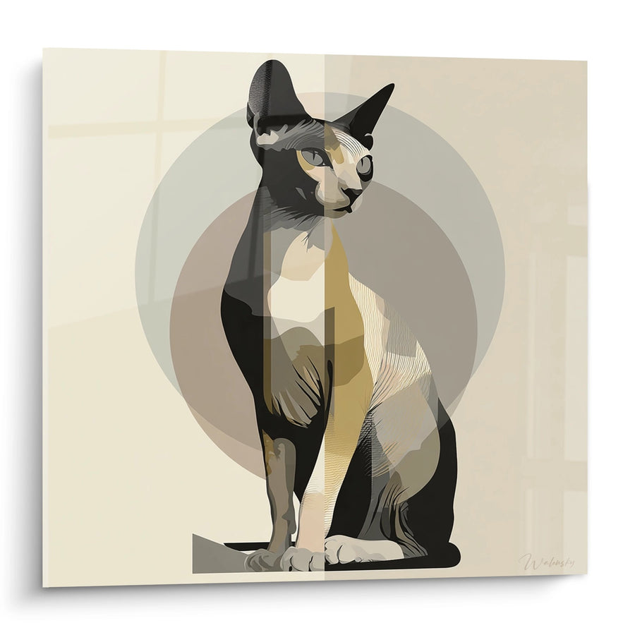 Schilderij van een Zittende Sphynx Kat - Modern Geometrisch Portret - Editie Sphynx kat
