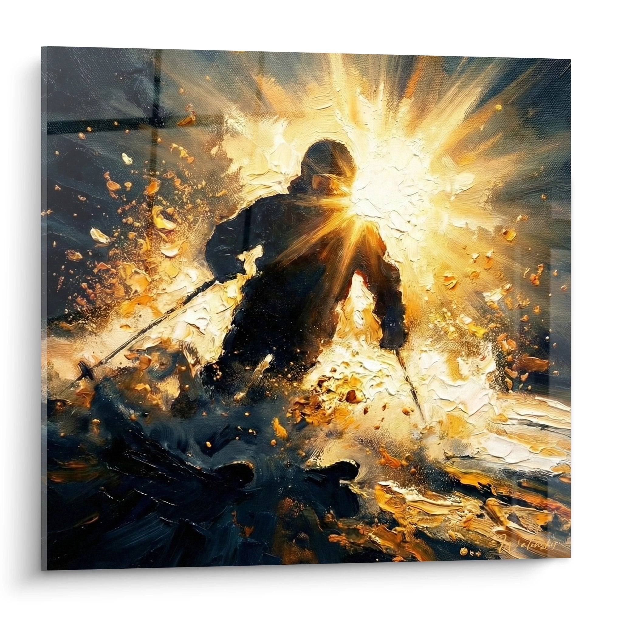 Tableau artistique représentant un skieur dans une explosion de lumière dorée avec éclaboussures dynamiques