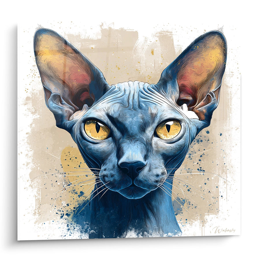 Tableau Chat Sphynx aux Yeux Dorés - Portrait Artistique Bleu - Edition chat Sphynx