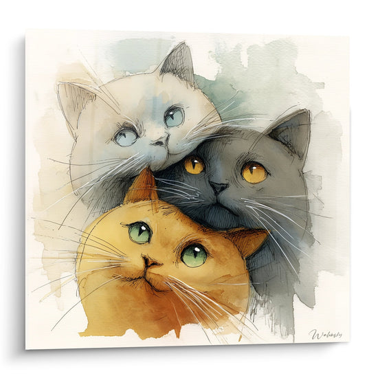 Quadro acquerello di tre gatti - rosso, grigio certosino e bianco - con sguardi espressivi in stile arte moderna