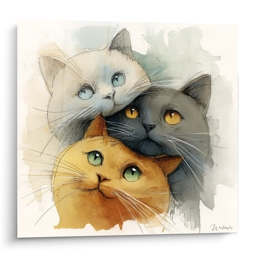 Tableau Trois Chats Aquarelle - Regards Tendres - Edition chat Chartreux