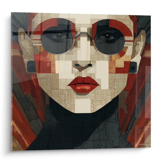 Tableau portrait femme lunettes rondes style mosaique geometrique art deco tons rouge ocre decoration murale