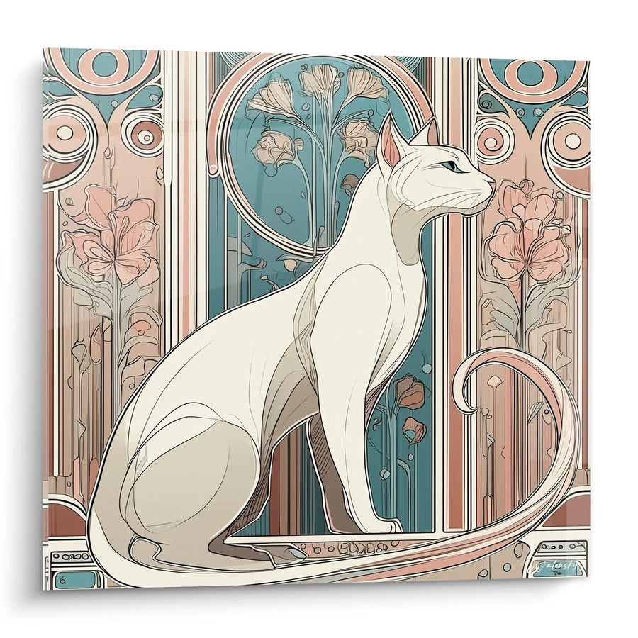 Tableau Chat Art Nouveau - Élégance Féline dans un Décor Floral - Edition Art déco