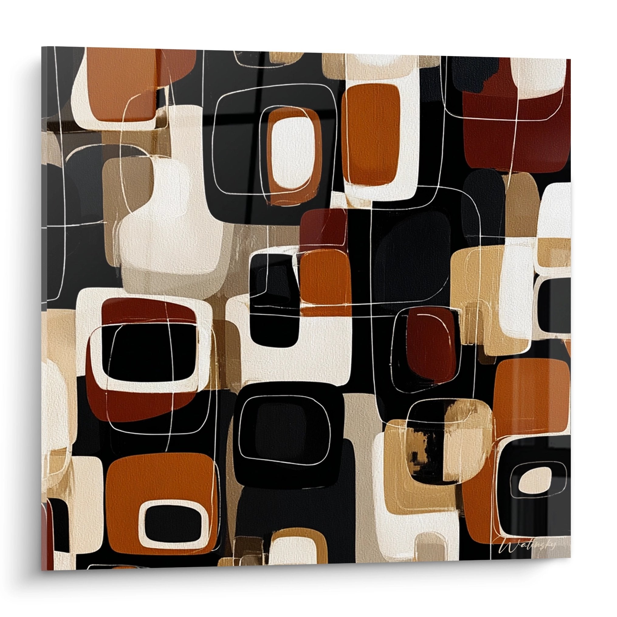 Quadro africano astratto con forme geometriche arrotondate in tonalità ocra marrone e nero su tela moderna