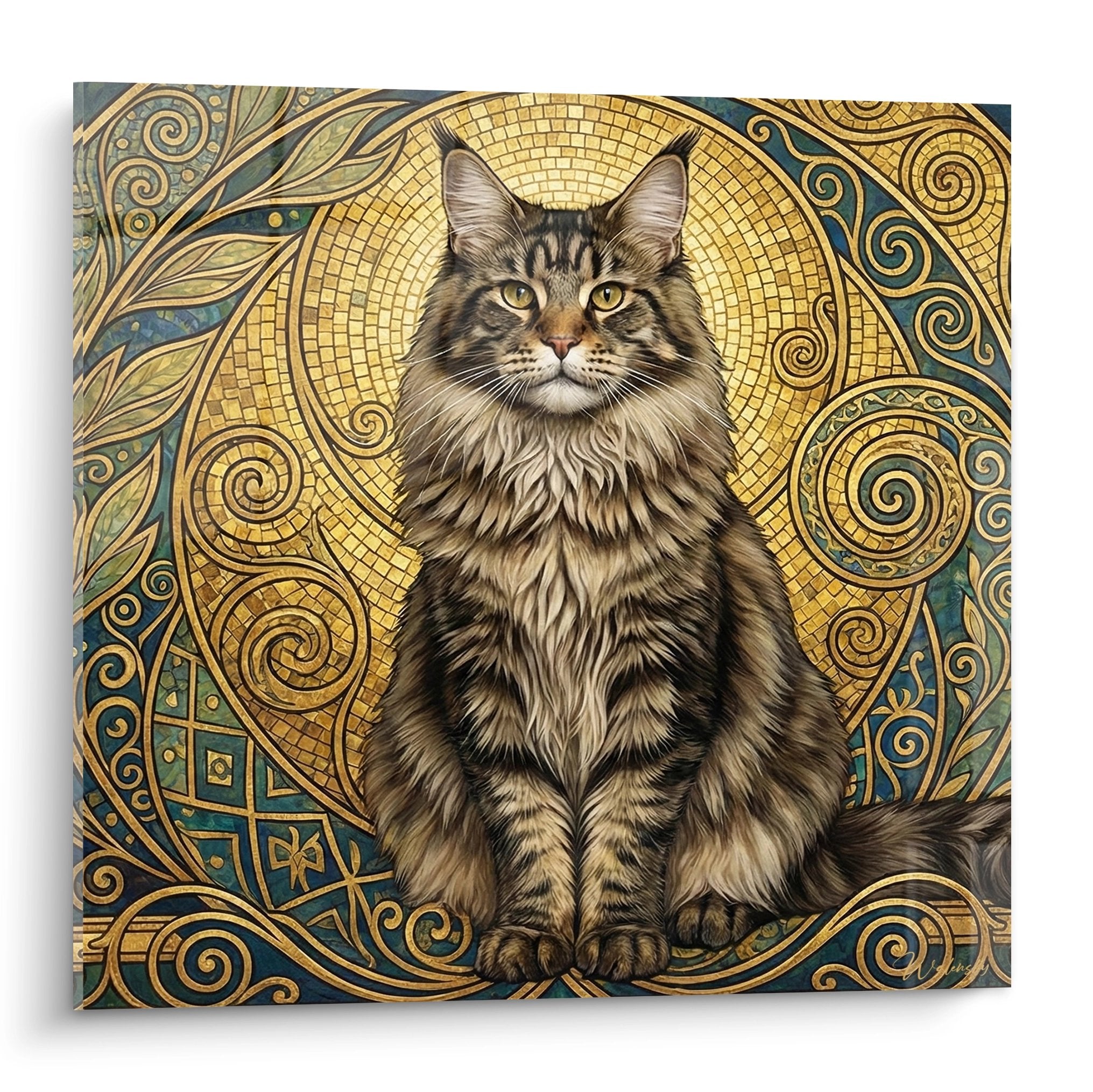 Quadro murale gatto Maine Coon tabby in stile mosaico dorato arte bizantina con ornamenti a spirale