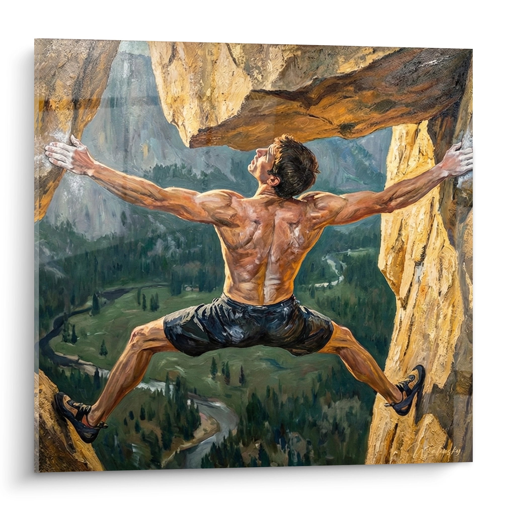 Tableau d'escalade montrant un grimpeur musclé sur falaise avec paysage montagnard en arriere-plan