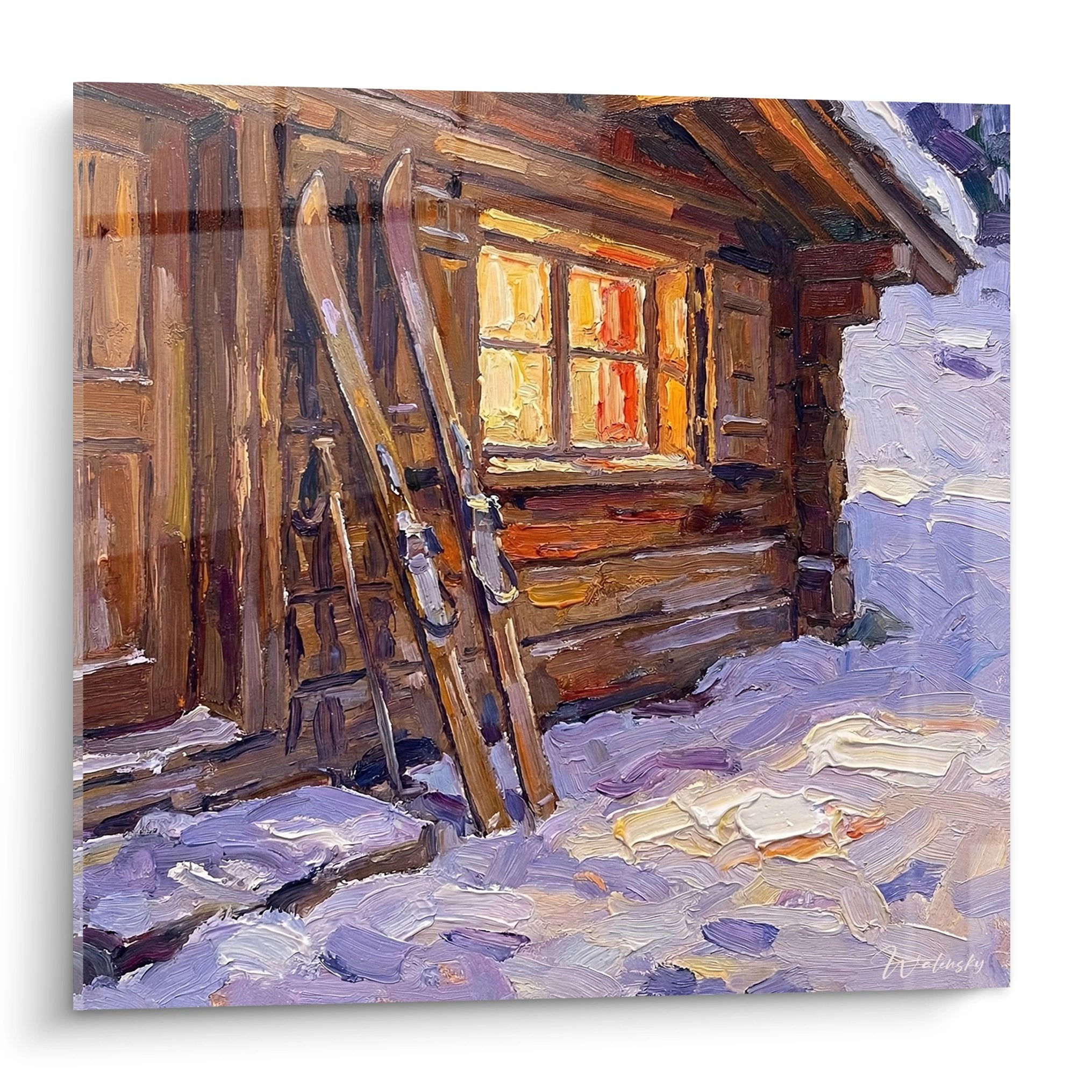 Tableau impressionniste chalet montagne enneigé avec skis appuyés facade bois traditionnel alpin