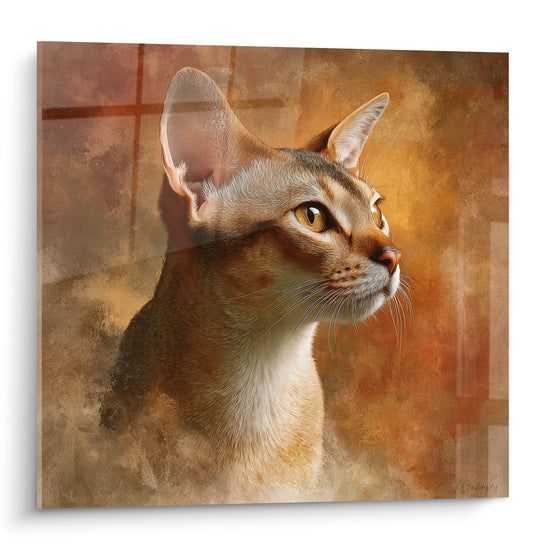 Ritratto artistico gatto Singapura con occhi dorati su fondo texturizzato ocra, quadro murale decorativo
