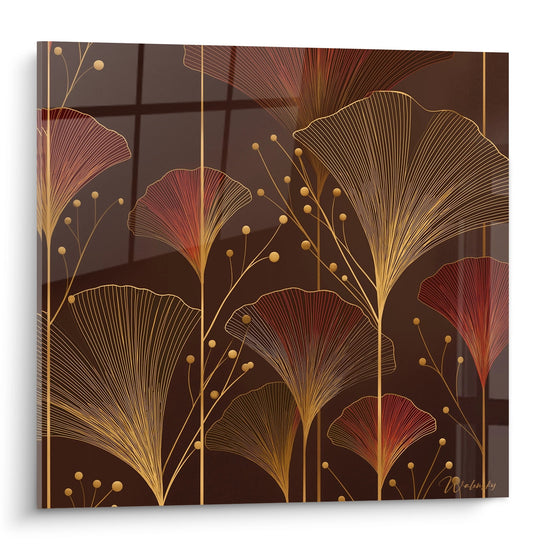 Quadro art déco con foglie di ginkgo dorate su sfondo marrone stile anni Venti arredamento murale elegante