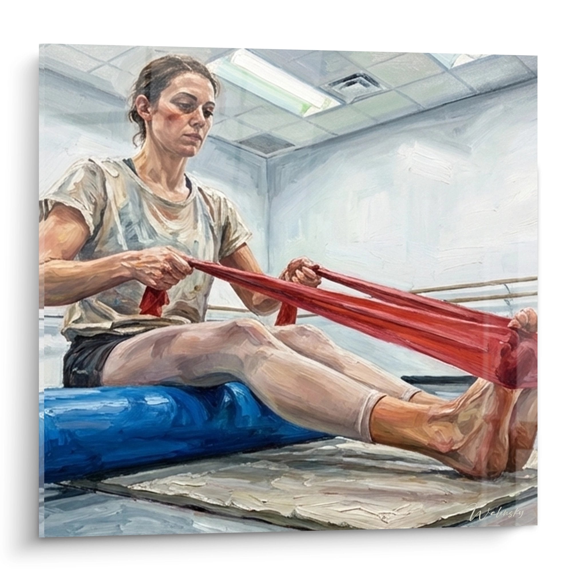 Tableau artistique montrant une femme en rééducation fonctionnelle avec bande élastique rouge dans cabinet médical