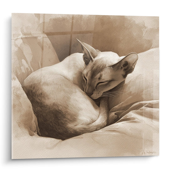 Tableau artistique d'un chat Singapura endormi aux tons beiges et dorés sur des draps moelleux