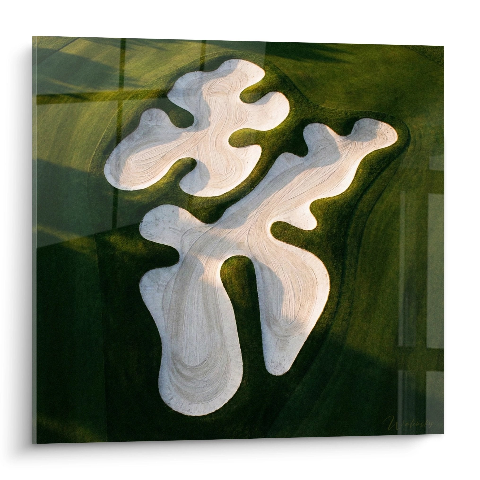 Tableau abstrait formes organiques blanches sur fond vert pour decoration golf contemporaine
