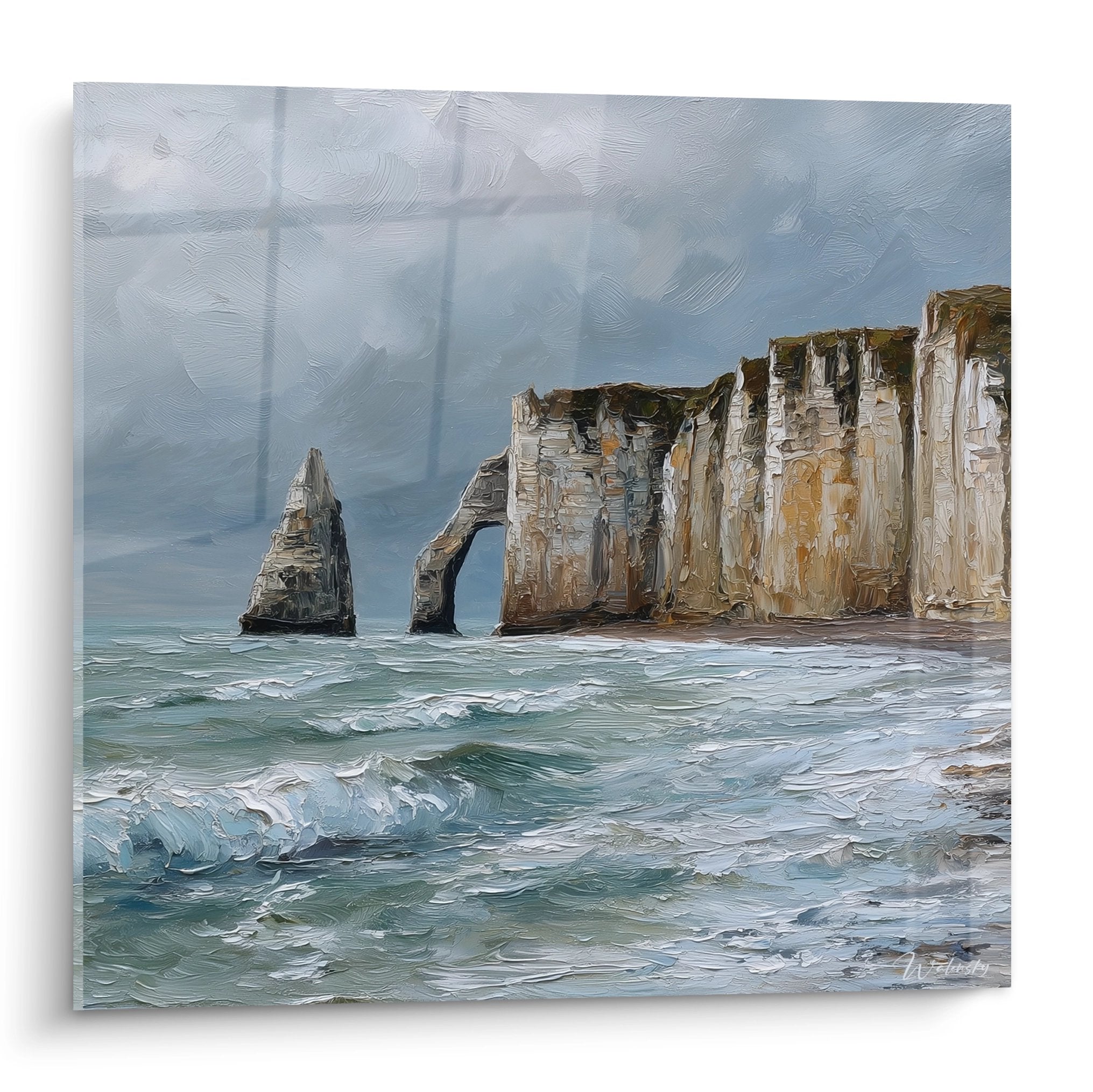 Quadro pittura scogliere Etretat Ago cavo Porta Aval onde oceano Normandia art murale coastal