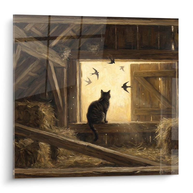 Tableau Chat dans Grange Rustique - Contemplation aux Hirondelles - Edition chat European Shorthair