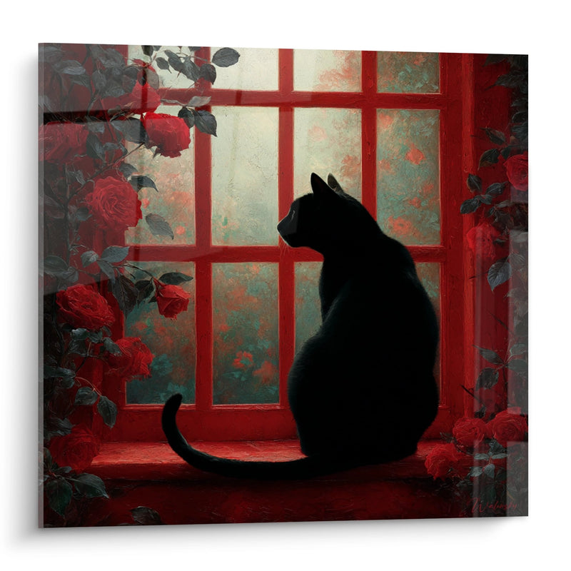 Silhouette di Chat Noir di Tableau alla finestra con rose rosse - contemplazione romantica - edizione gatto Bombay