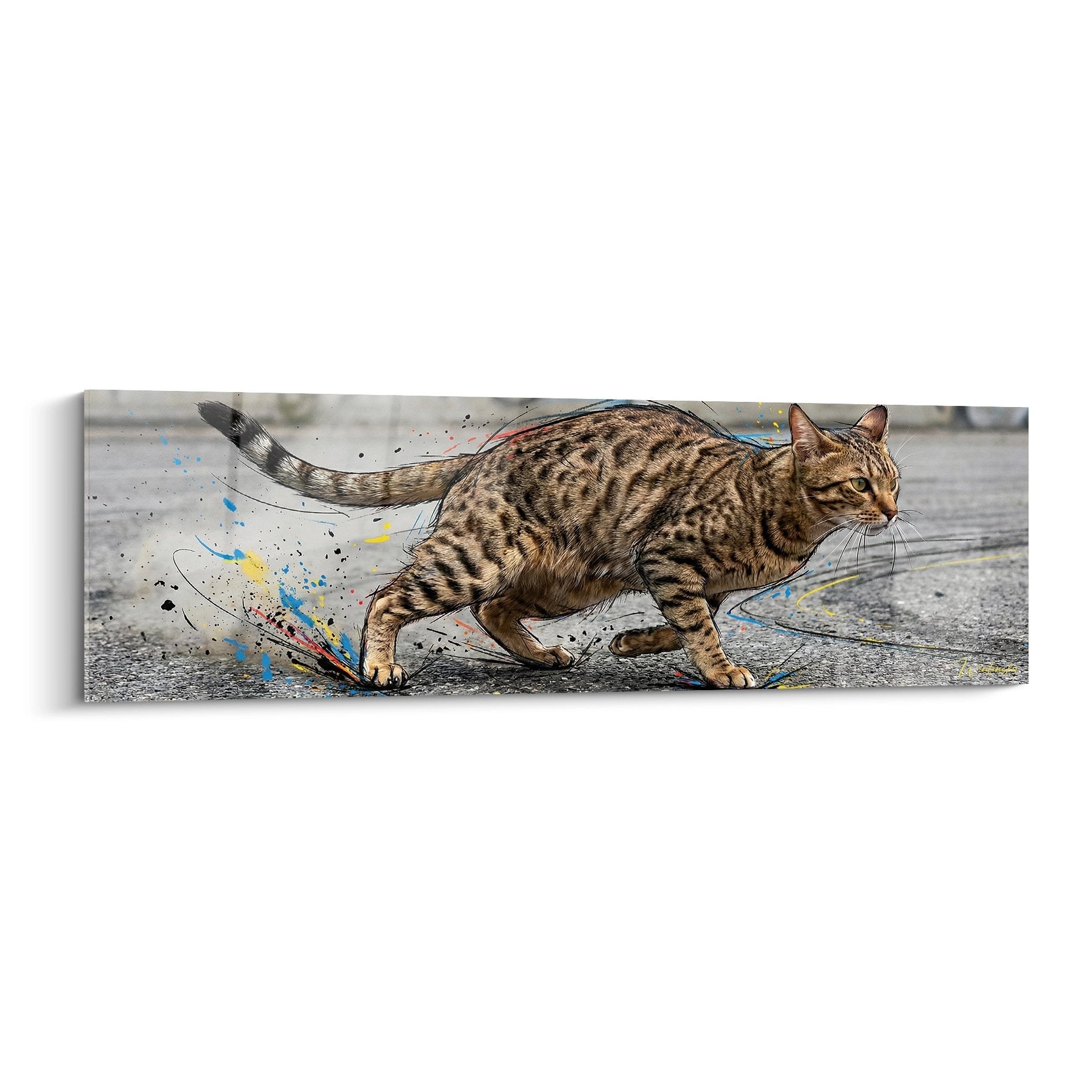 Tableau chat Ocicat en mouvement avec eclaboussures colorees bleues et jaunes sur toile panoramique moderne