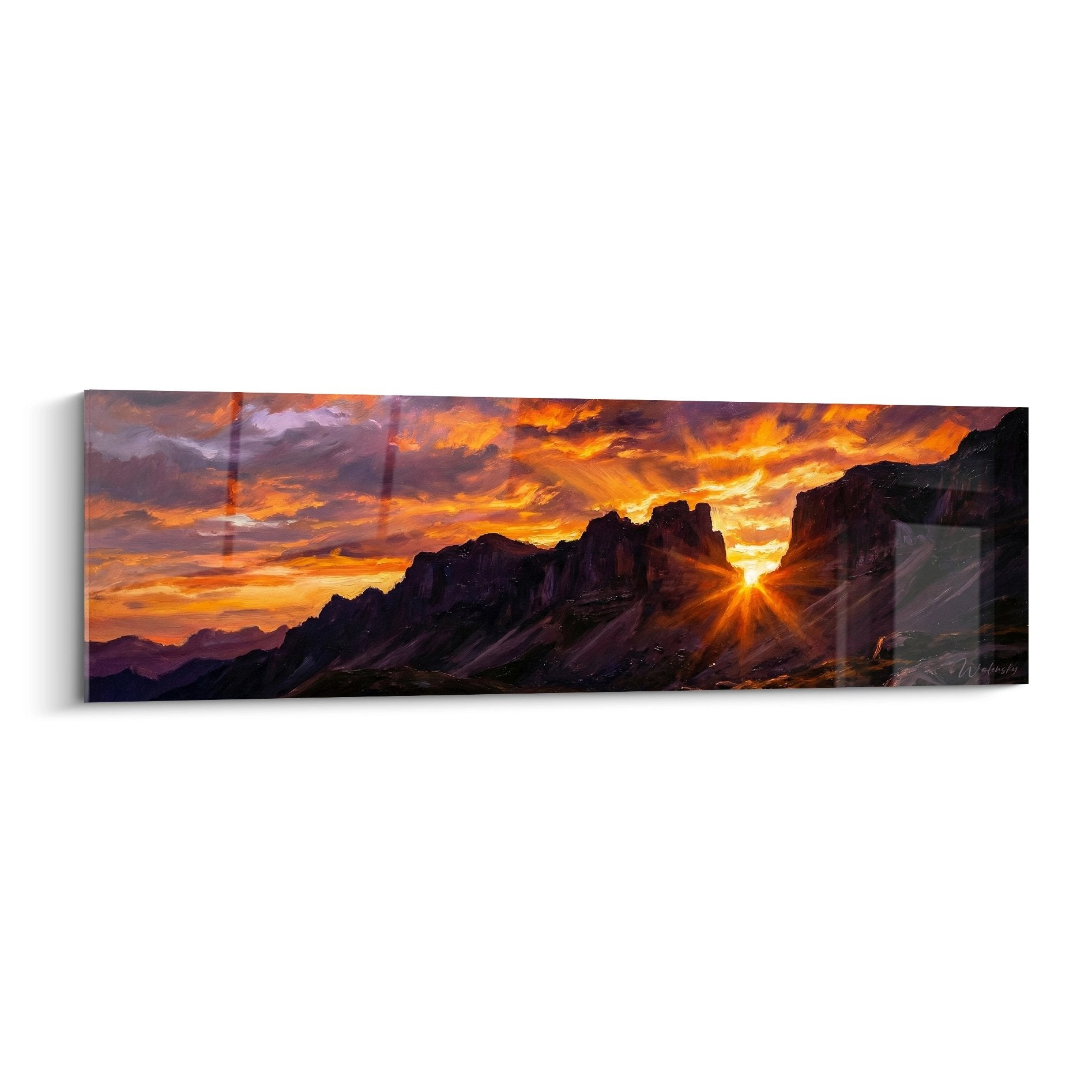 Tableau panoramique coucher soleil Pyrenees ciel enflamme cretes montagneuses art paysage montagne decoration