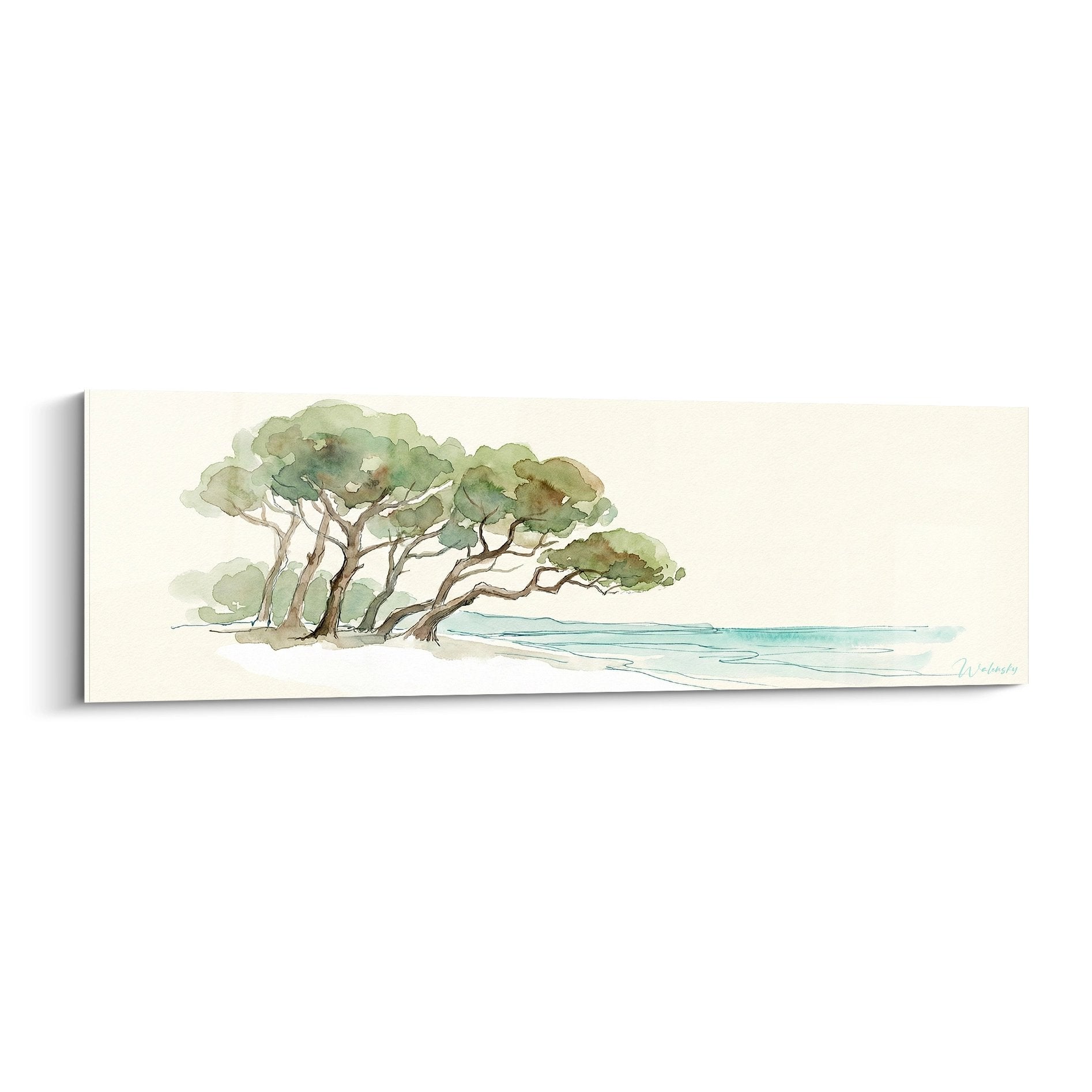 Aquarelle de pins parasols sur la côte corse avec mer turquoise en arrière-plan, style méditerranéen délicat