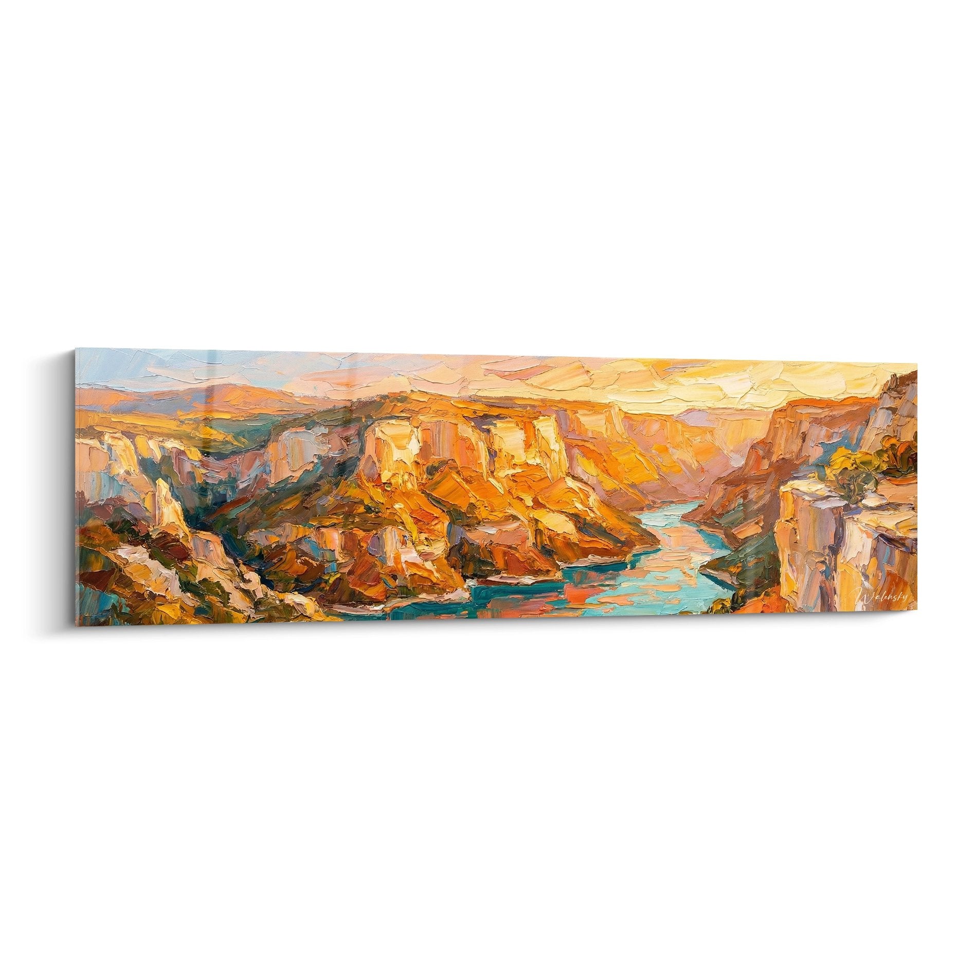 Tableau peinture canyon rocheux aux tons dorés avec rivière turquoise style impressionniste Gorges du Verdon