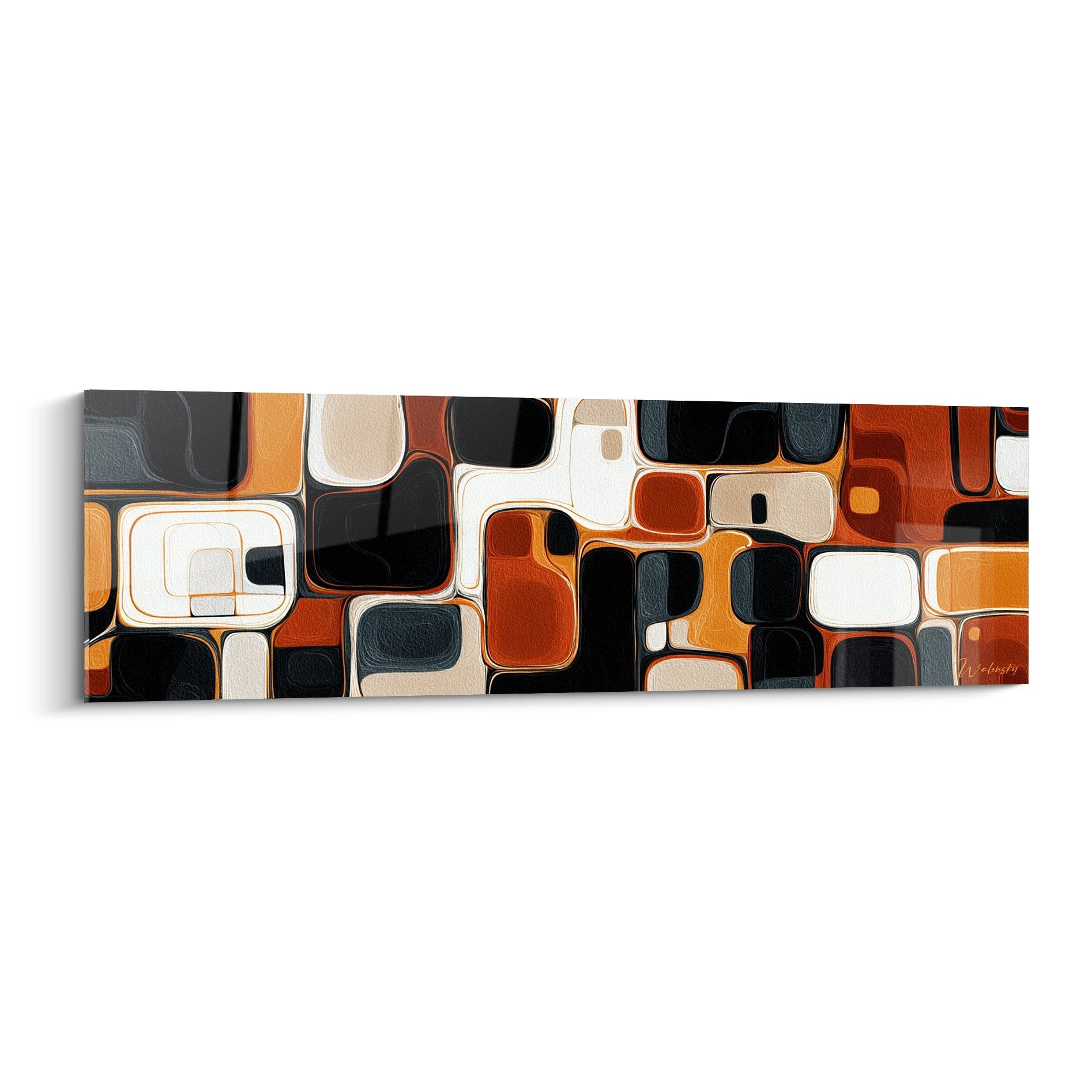 Quadro murale a mosaico geometrico in tonalità ocra arancione e nero, stile africano astratto contemporaneo