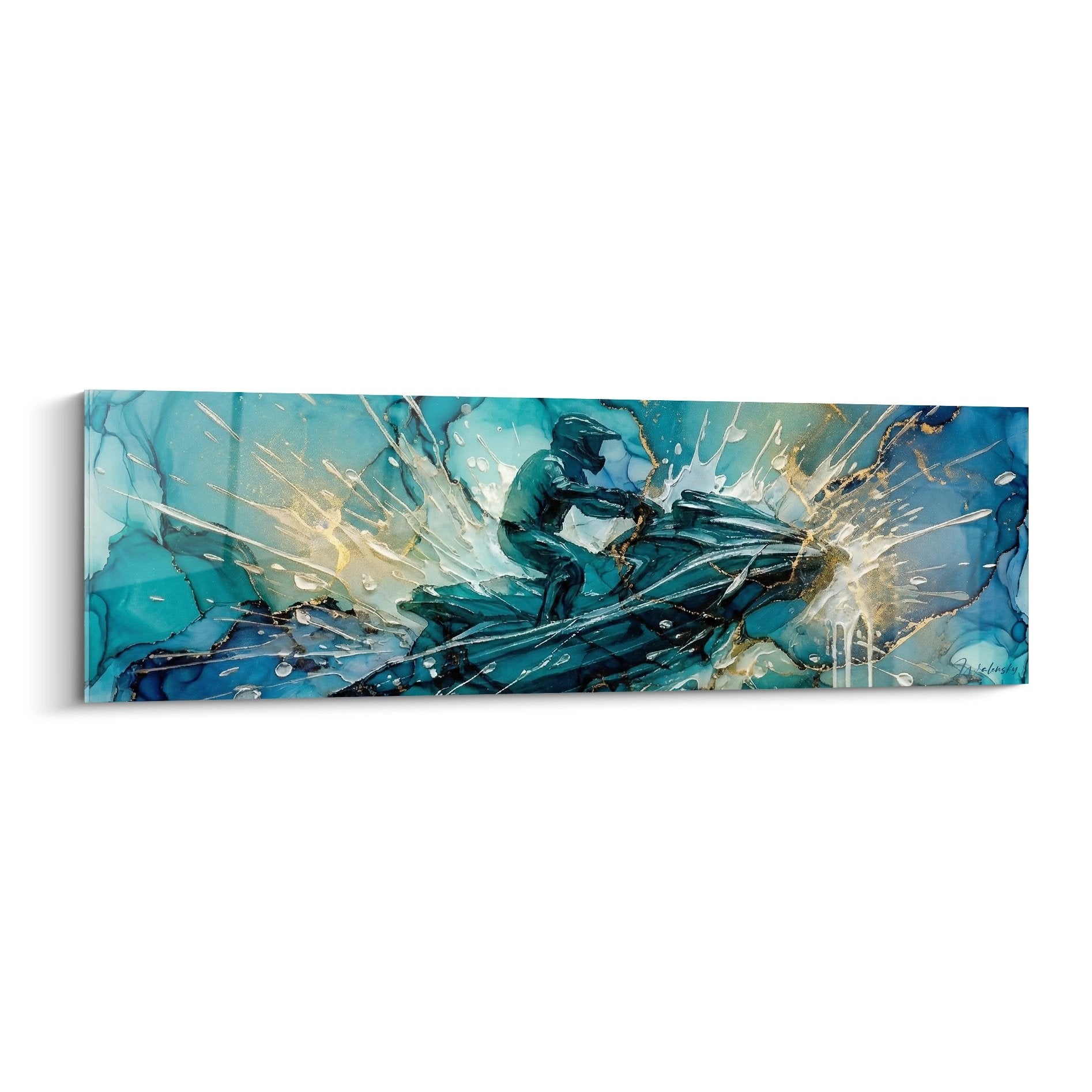 Tableau moderne jetski avec pilote en action, éclaboussures turquoise et or, art mural sports nautiques