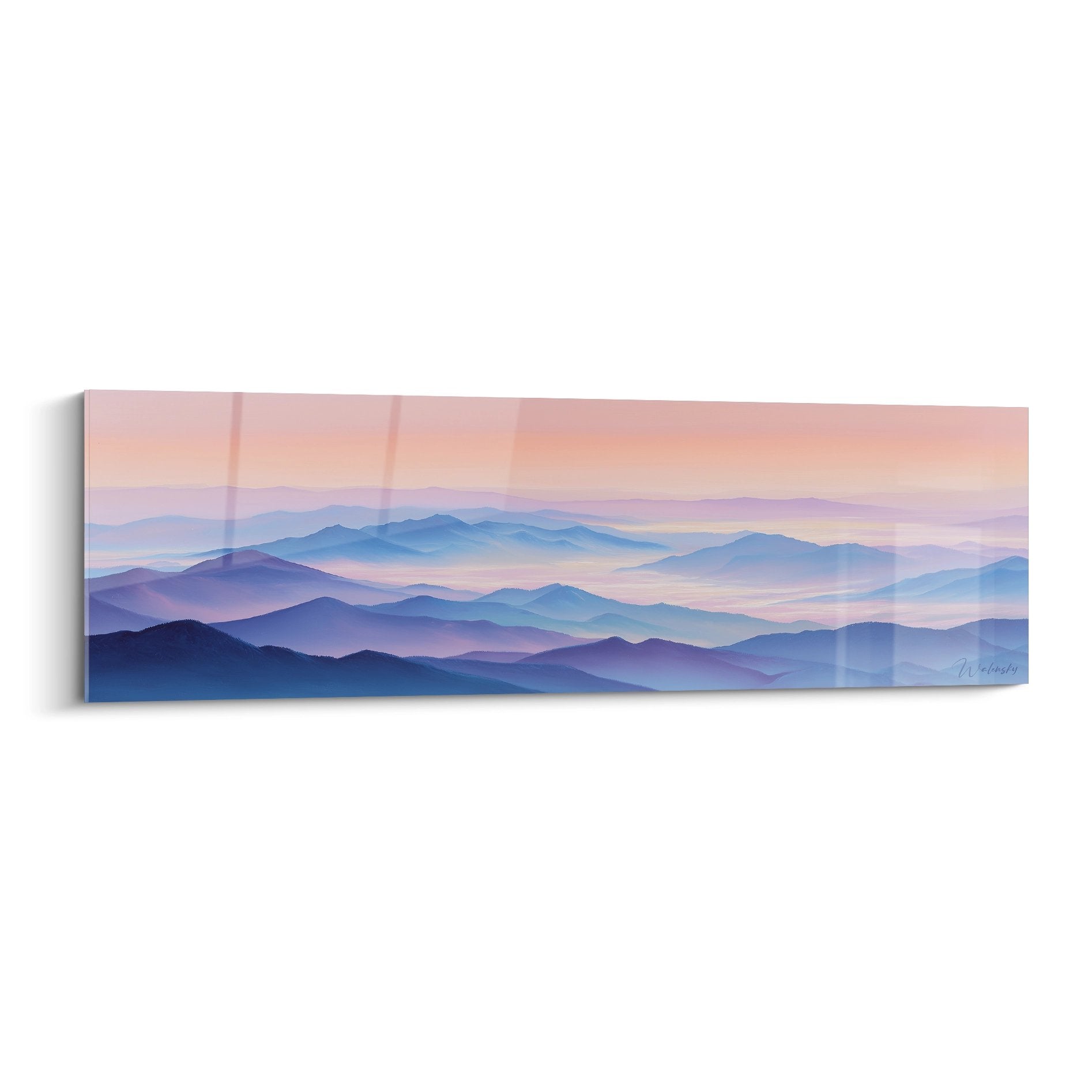 Tableau panoramique montagnes Pyrénées dans brume matinale tons pastel bleu rose - Edition Pyrénées