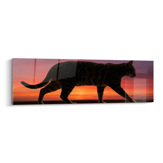 Schilderij Bengaalse Kat Zonsondergang - Katten Silhouet in de Schemering - Bengaalse Kat Editie