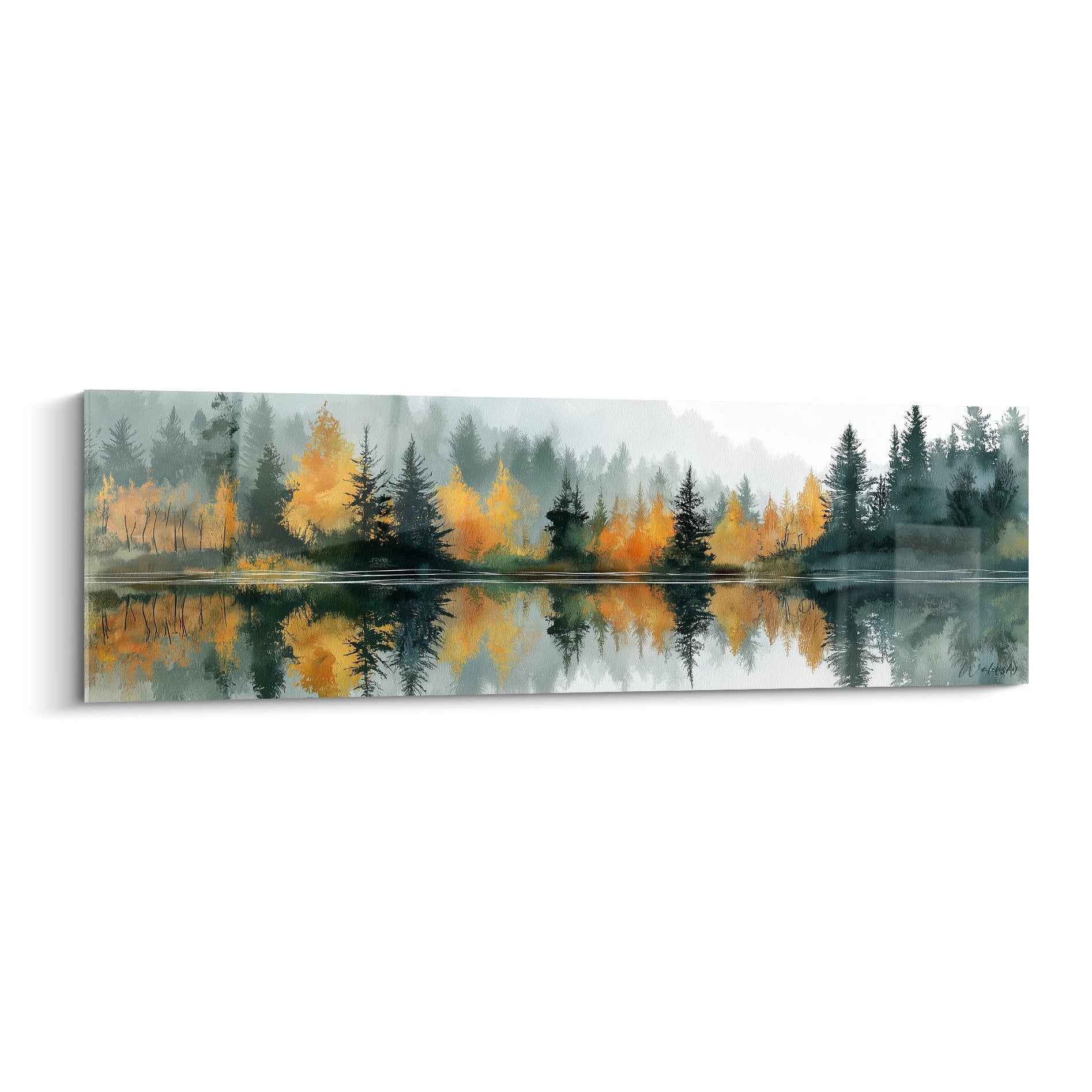 Tableau panoramique foret automnale Vosges avec reflets dores sur lac et brume matinale