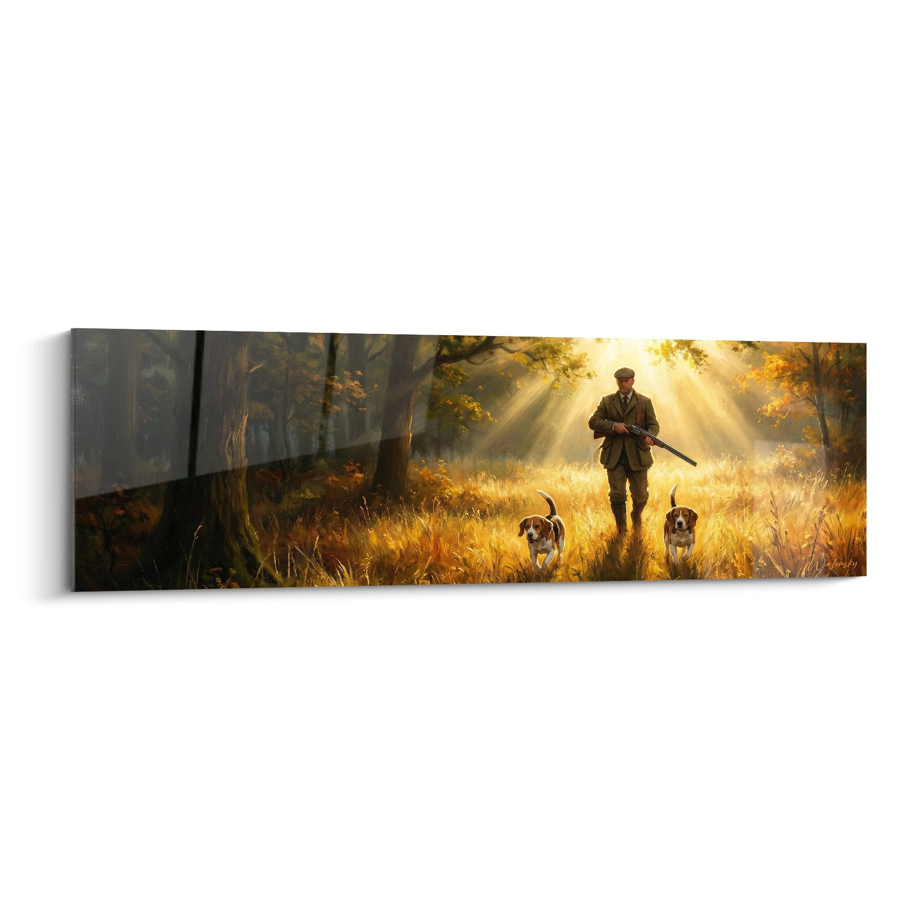 Tableau chasseur en forêt avec chiens au lever du soleil, décoration murale edition chasse