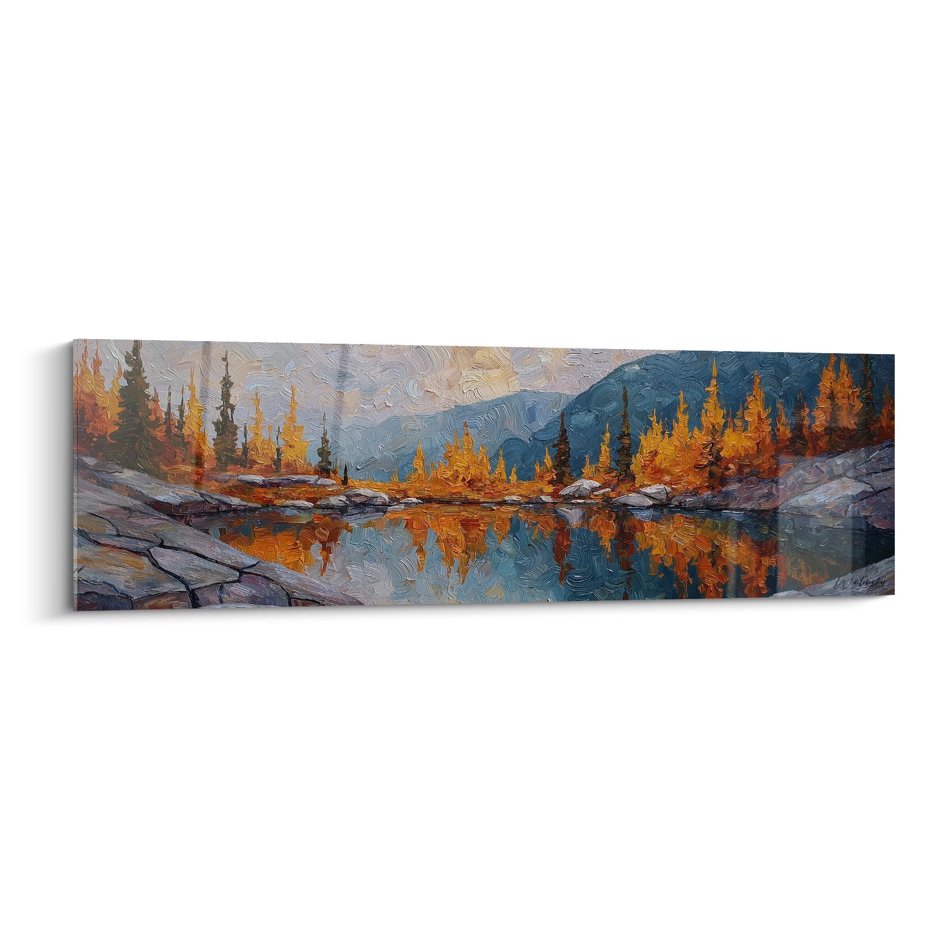 Tableau paysage montagneux automne avec lac et reflets dorés des arbres, style impressionniste Edition Pyrénées