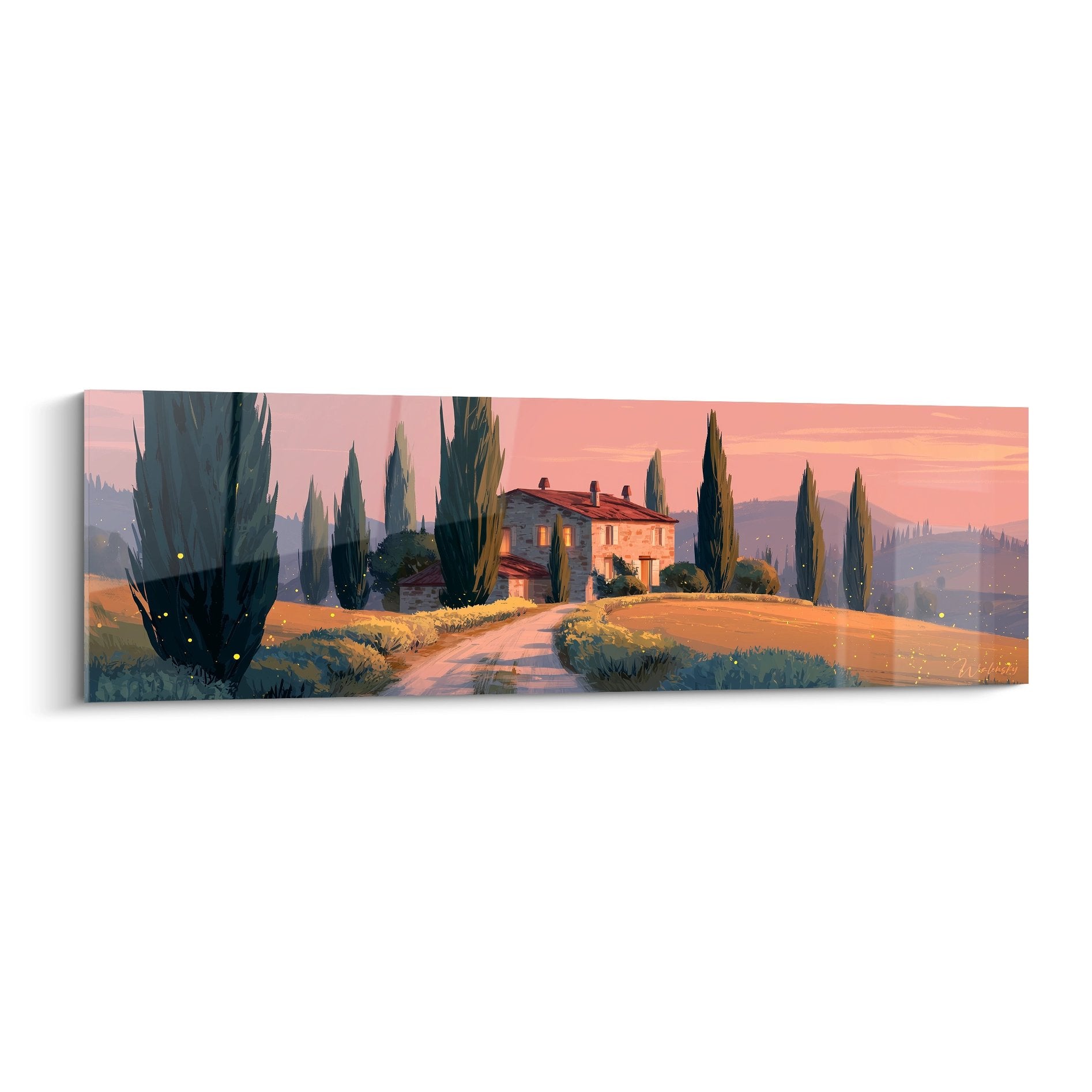 Tableau villa toscane coucher soleil cyprès paysage méditerranéen decoration murale