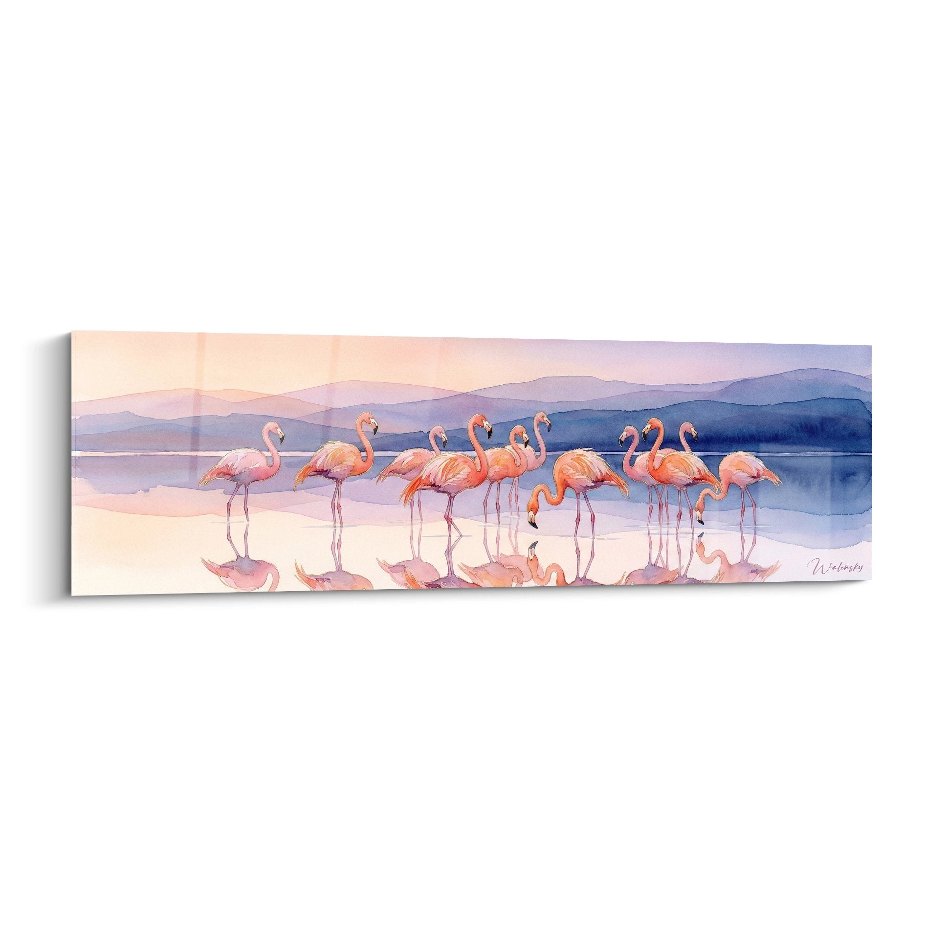 Tableau panoramique flamants roses Camargue reflets eau coucher soleil decoration murale