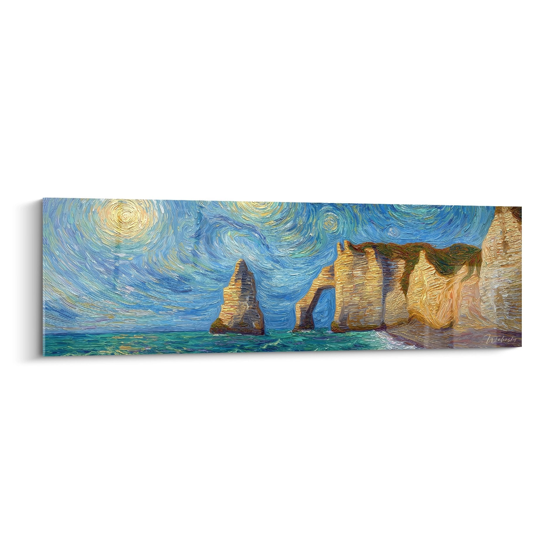 Tableau falaises Etretat style nuit etoilee Van Gogh ciel tourbillonnant bleu dore arches calcaires Normandie
