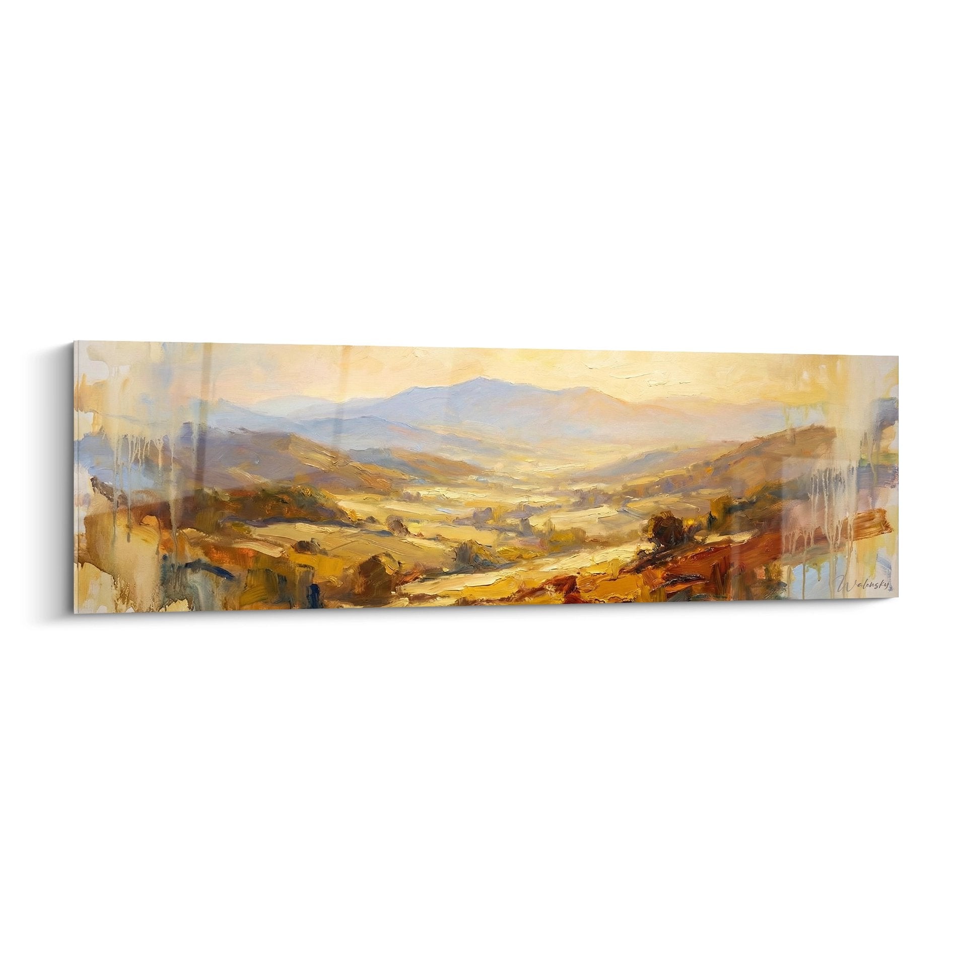 Tableau paysage vallée dorée des Pyrénées avec montagnes et collines aux tons chauds ocre et or