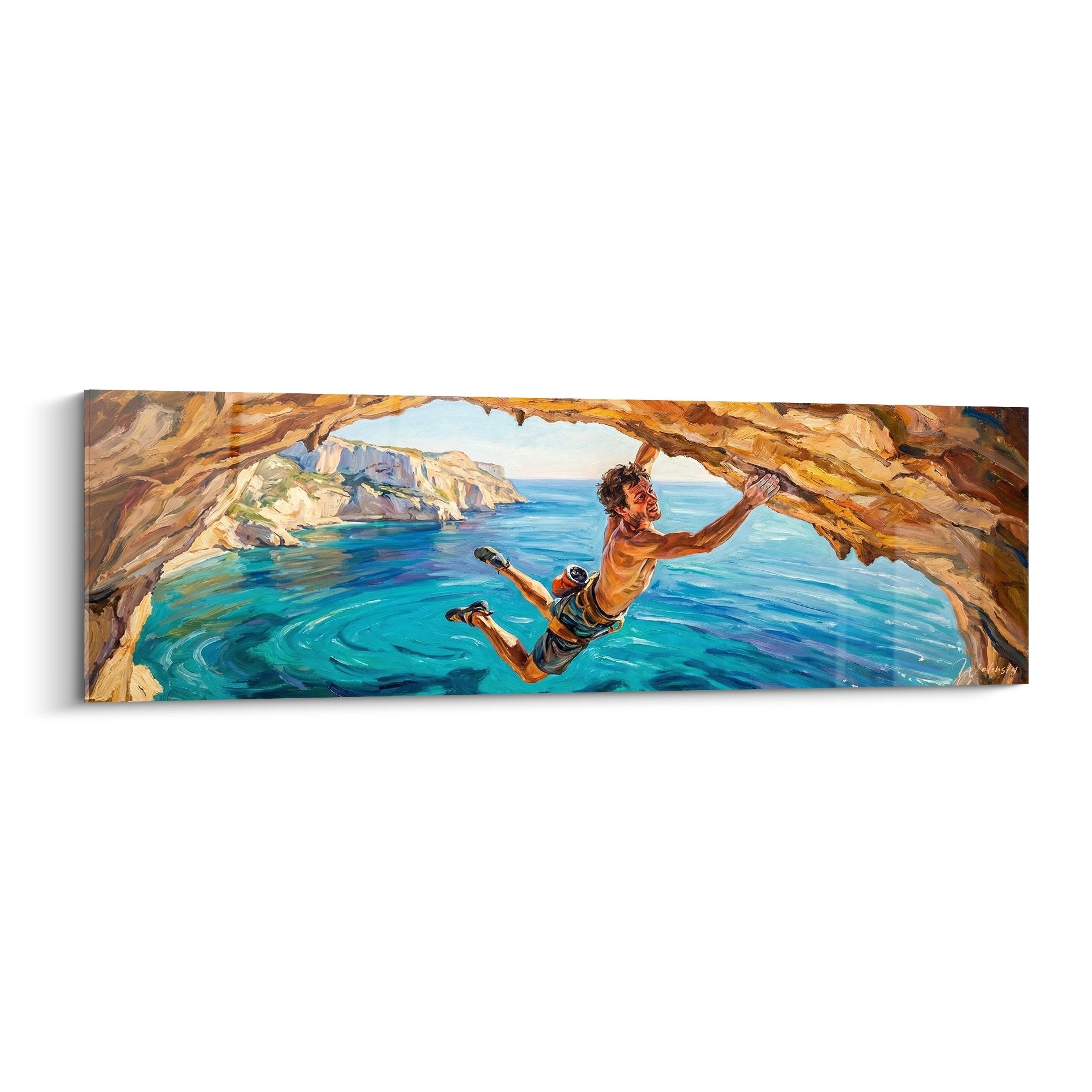 Tableau escalade falaise maritime montrant grimpeur suspendu au-dessus eaux turquoise sous arche rocheuse naturelle