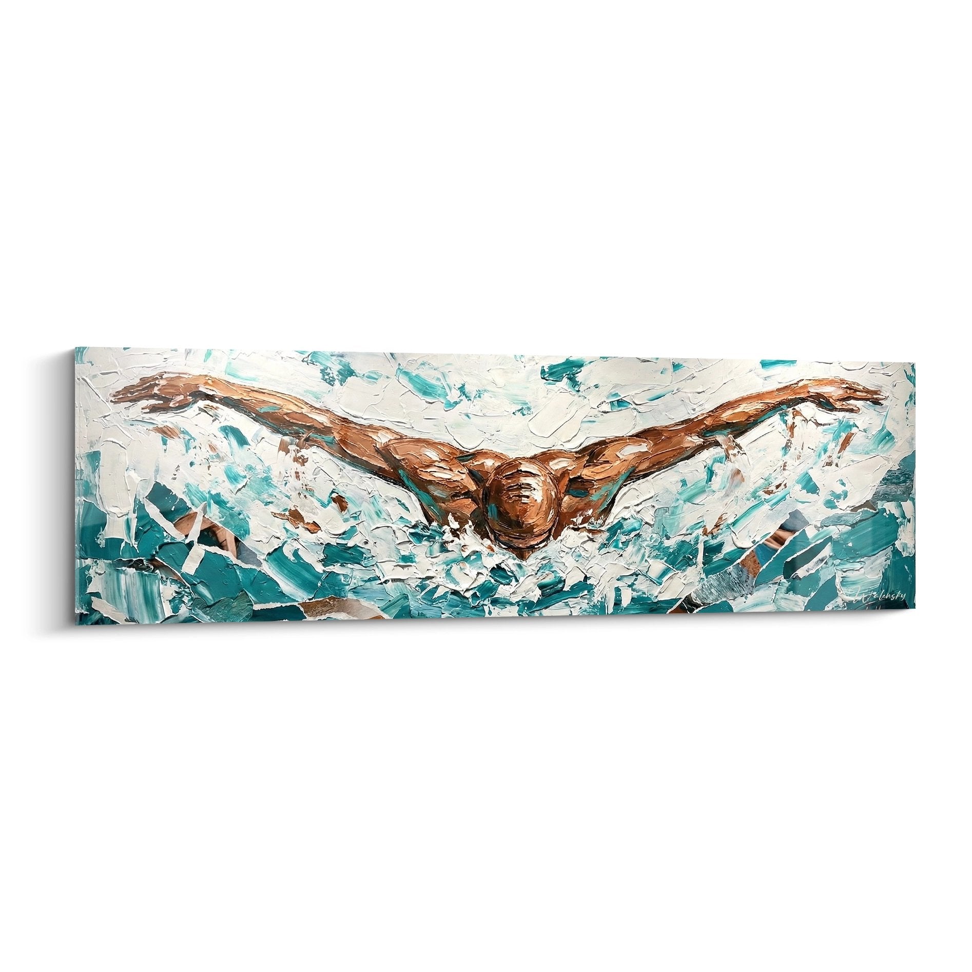 Tableau peinture nageur en plongée tons turquoise et cuivre, art mural natation moderne texturé