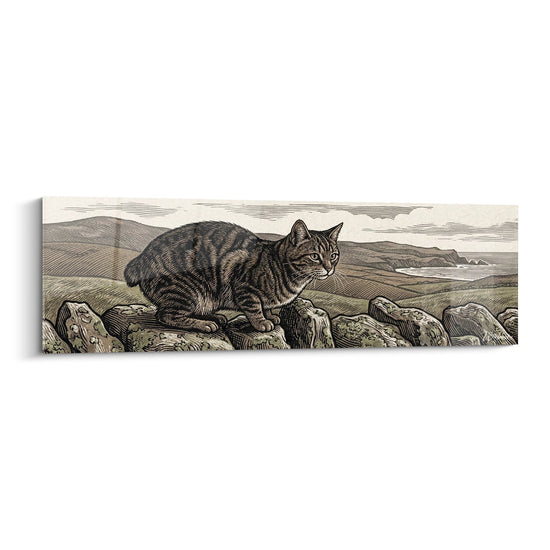 Tafel Wilde kat op rotsen - Vintage naturalistische gravure - Uitgave Manx kat
