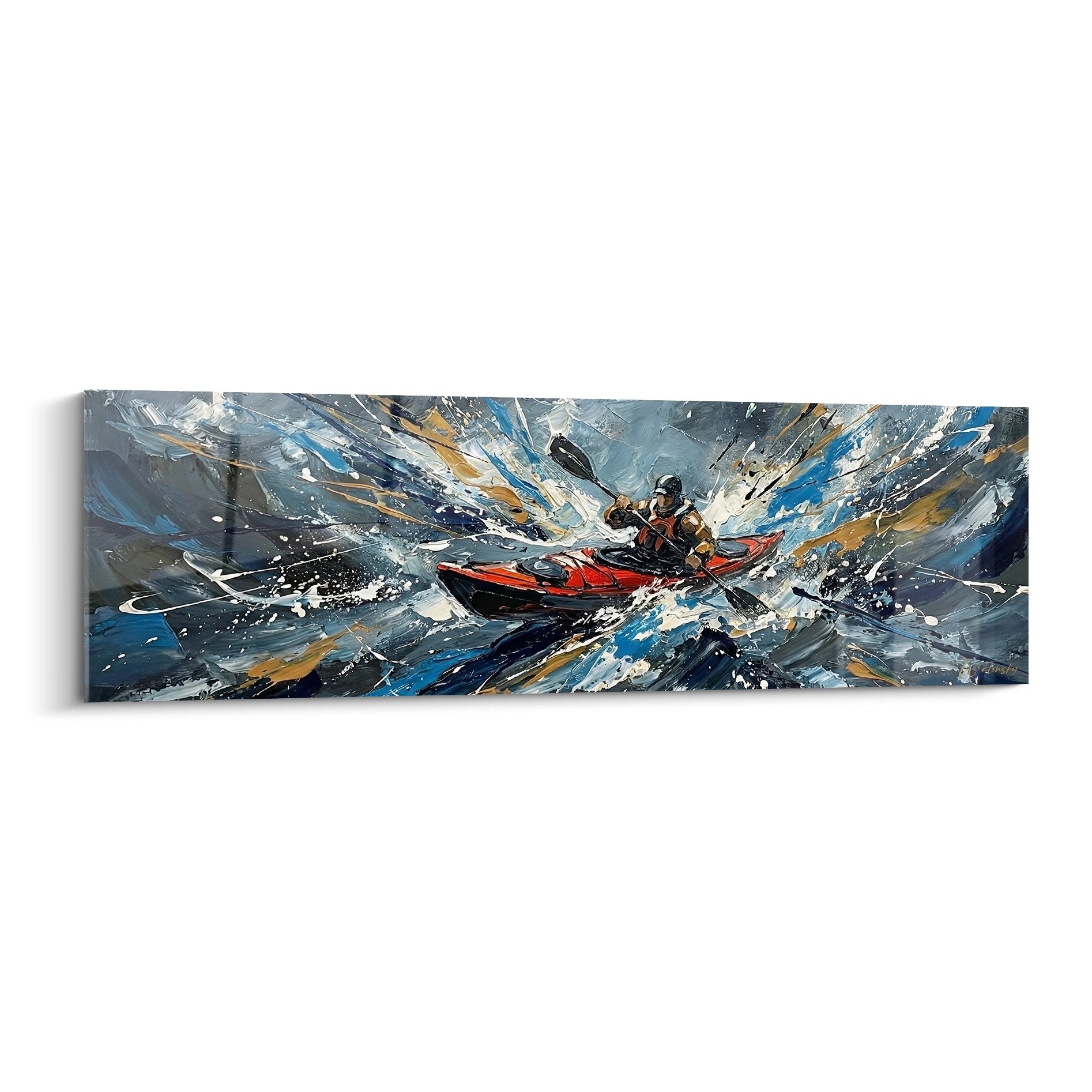 Tableau moderne kayak eaux vives avec kayakeur rouge et eclaboussures dynamiques style expressionniste