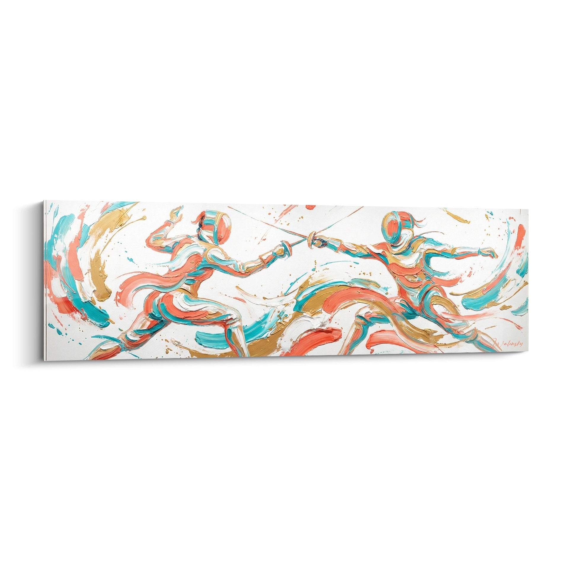 Tableau escrime artistique moderne representant duel epee couleurs vives turquoise orange style expressionniste